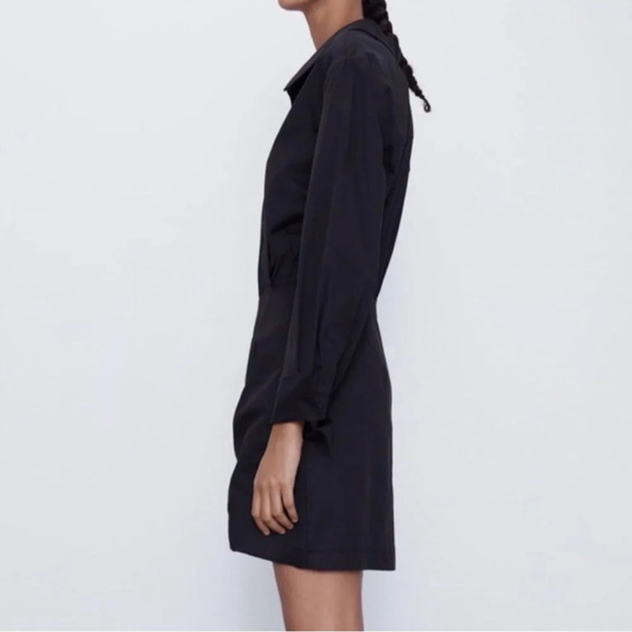 Zara Collared Long Sleeve Poplin Mini Shirt Dress in Black Size S - Picture 6 of 14